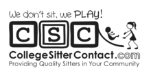 CollegeSitterContact.com logo with taglines: "We don't sit, we play!" and "Providing quality sitters in your comminity"