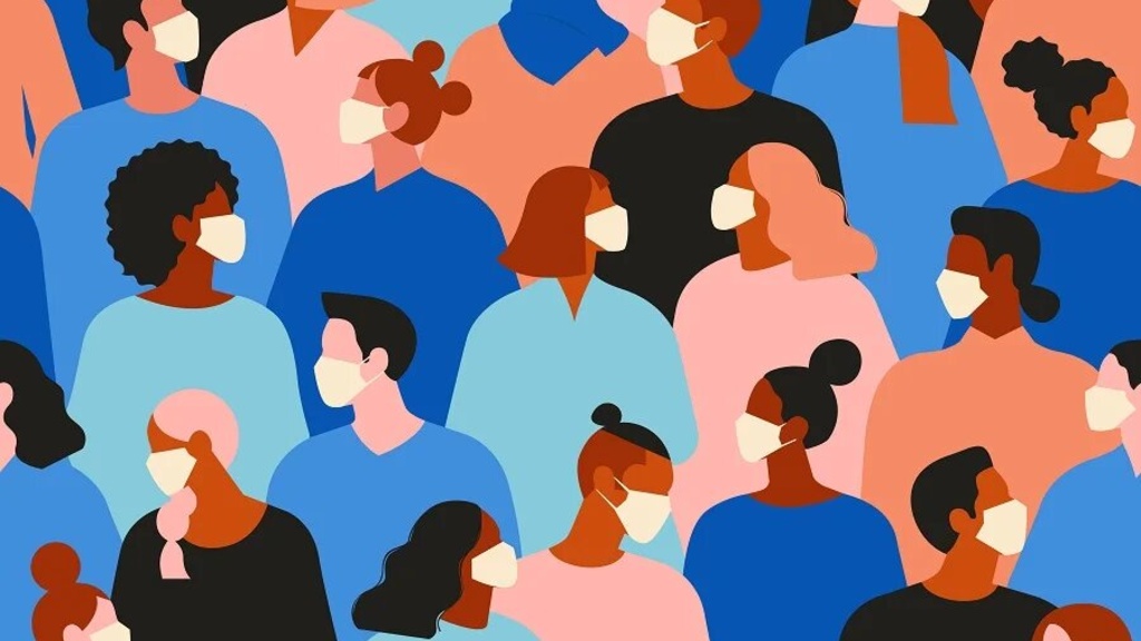 Future of work illustration depicting many people of different backgrounds wearing face masks