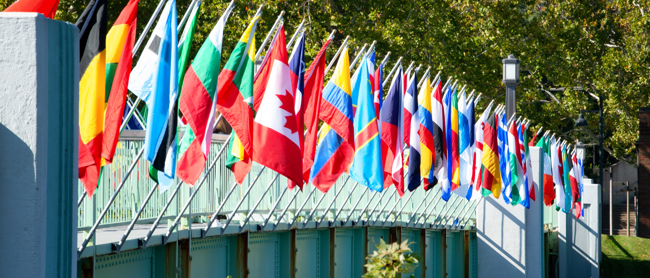 a bridge at the university of iowa displays several foreign flags representing the home countries of UI's international students
