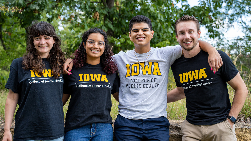 Executive Producer Anya Morozov (left), seen here with "From the Front Row" podcasters (from left) Radha Velamuri, Eric Ramos, and Logan Schmidt, says the podcast aims to make public health topics accessible and highlight work that’s going on at the College of Public Health and across Iowa. Photo by Joey Loboda.